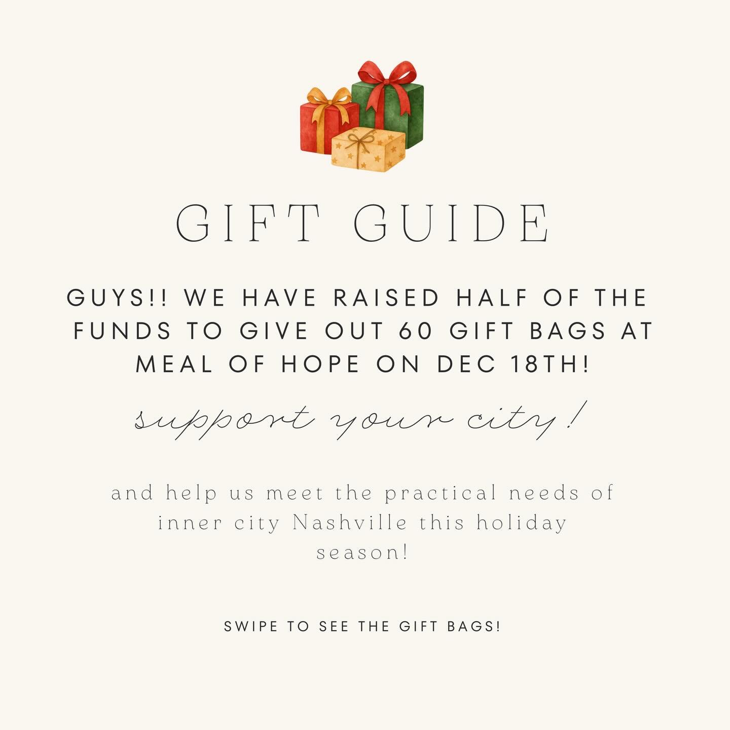 EXCITING ANNOUNCEMENT!!

We&rsquo;re halfway to having the funds to hand out 60 + gift bags at our inner city ministry&rsquo;s Christmas dinner!!

If you want to get involved, dm us for more information❄️✨

&rlm;