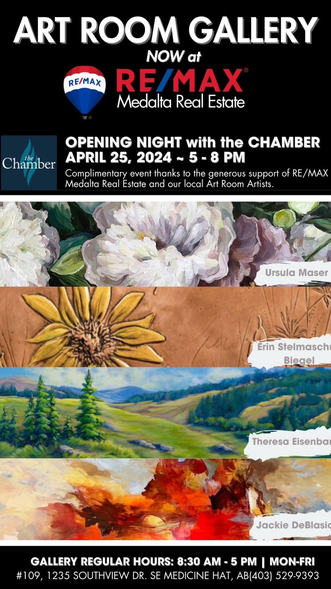 Happy spring 🌿! 

I wanted to let you in on our NEW secret&hellip;.Remax Medalta Realty has just opened a stunning new Art Gallery that you simply can&rsquo;t miss! 

The best part is the Opening Night! 
Tomorrow: April 25th
Time: 5-8 pm
Where: Rema