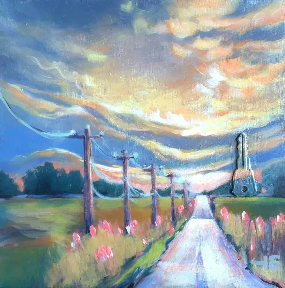 Have you ever spotted a key in clouds?
Every prairie painting in my studio holds a secret: a real key, embedded right into the artwork. This one drifts above the open road—part memory, part mystery—inviting you to wonder whose story it m