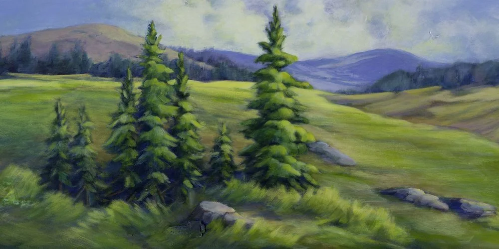 An image of a painting showing a group of trees in Spruce Coulee (Elkwater) or Cypress Hills Park, Alberta called "Tranquility at It's Finest" by artist Theresa Eisenbarth