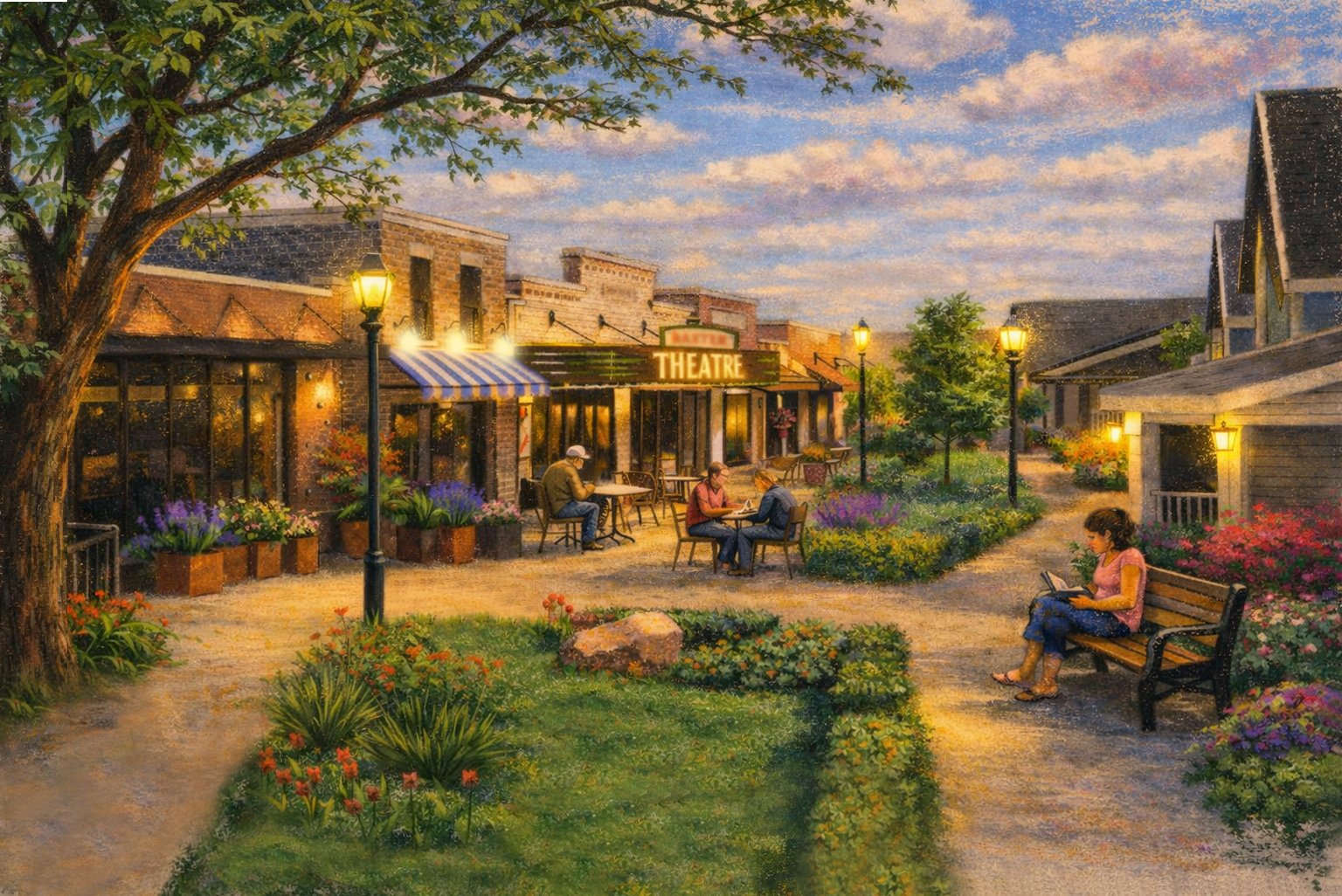 Image is of a drawing of the dementia village with a city like space that has green areas and people sitting at tables and on benches. There is a building with a sign that says theatre next to several storefronts. There are street lights glowing.