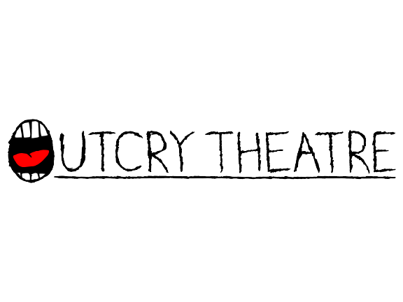 Outcry Theatre logo featuring a stylized face with wide mouth and red lips, alongside the text 'OUTCRY THEATRE', all underlined.