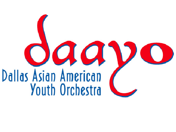 Logo of the Dallas Asian American Youth Orchestra with the acronym 'daayo' in red text and the name in blue text.