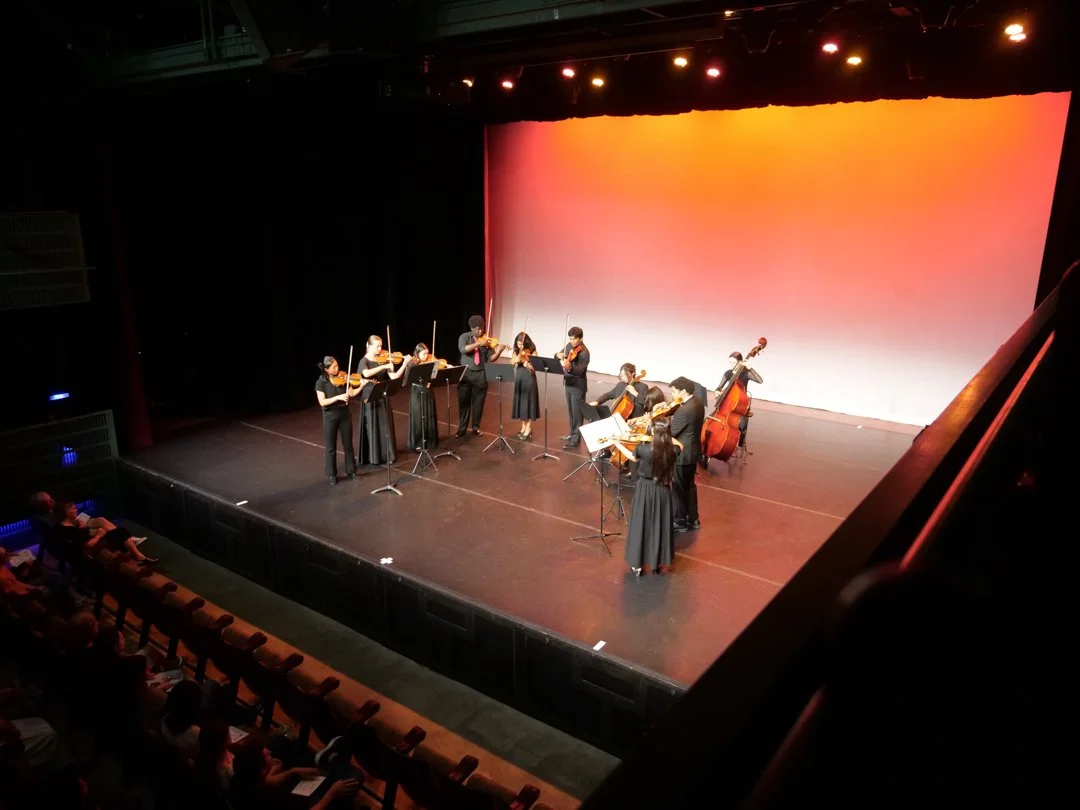 An orchestra performing on stage with a sunset background projected on a large screen.