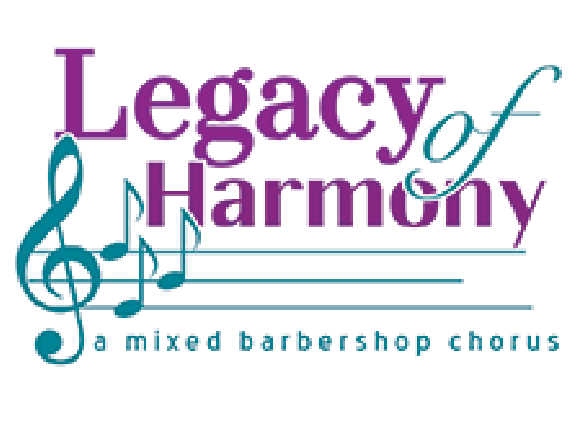 Logo with the text 'Legacy of Harmony' and 'a mixed barbershop chorus' with musical notes and a treble clef design.