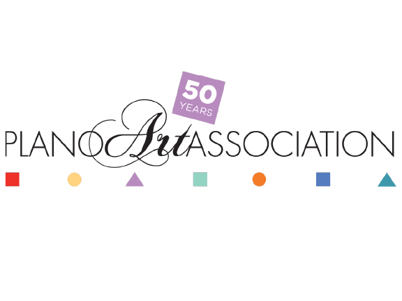 Plano Art Association 50th anniversary logo with colorful geometric shapes underneath.
