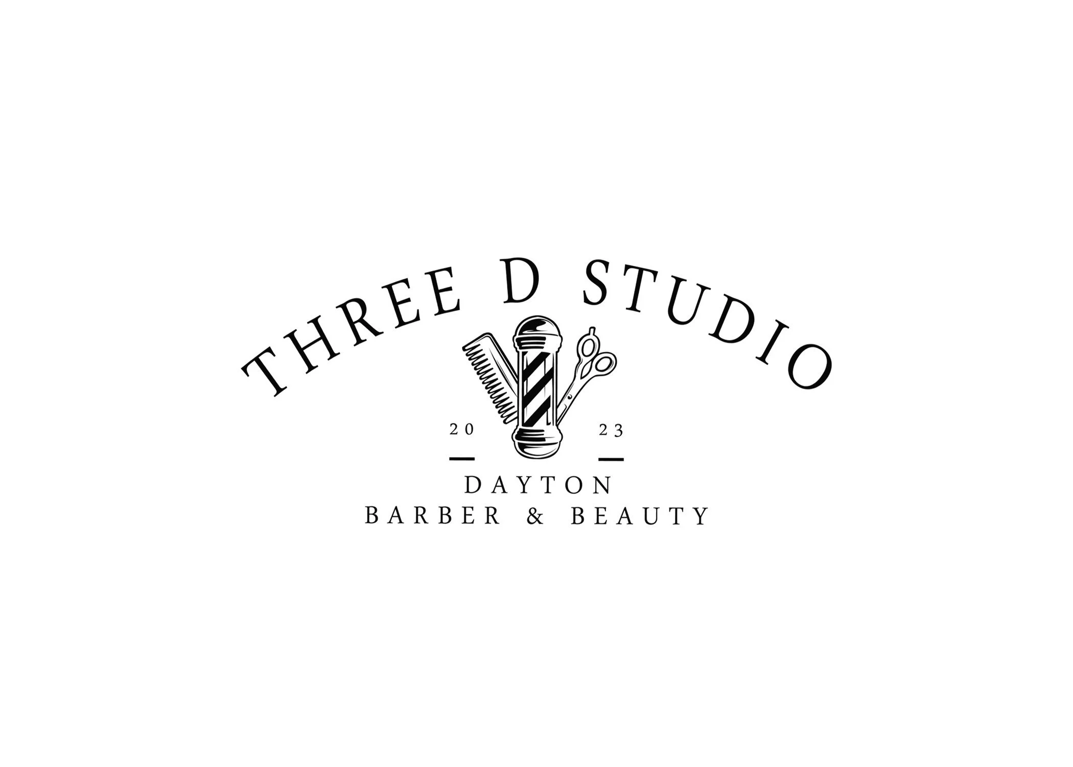 Logo for Three D Studio, Dayton Barber & Beauty, featuring a barber pole, comb, and scissors in black and white.