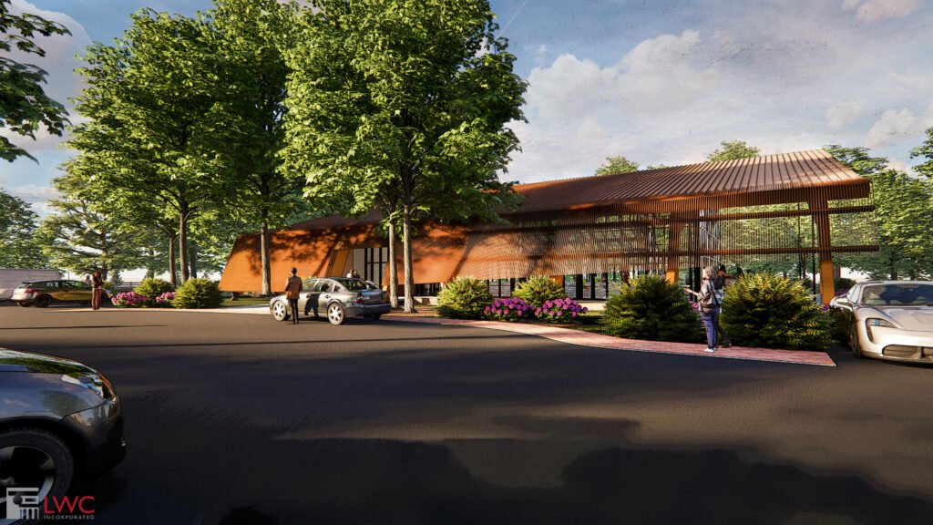 a side view of Benham's grove wedding and event venue space located in Centerville Ohio 2024 updated wedding venue with a golden brown exterior awning to showcase a brand new parking lot that anticipates adding nearly 50 new spaces.