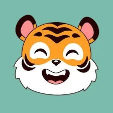 Cartoon tiger face with a smiling expression, closed eyes, and a happy demeanor.