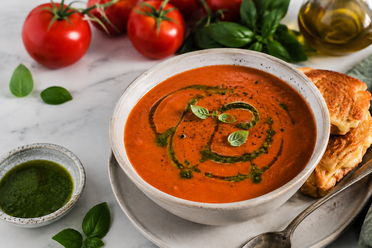 BDG Tomato Soup with Basil Oil