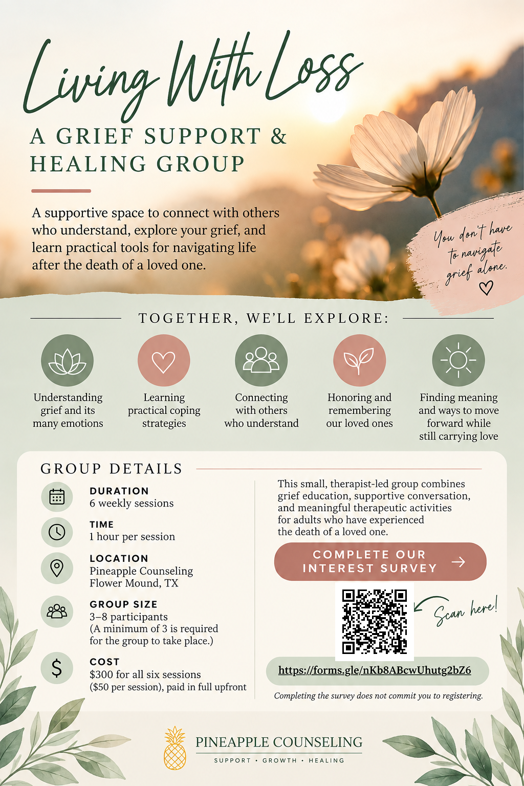 Flyer for a grief support and healing group called Living With Loss, featuring a background of flowers and a sunset, with information about the group, including session details, location, and a QR code for survey.