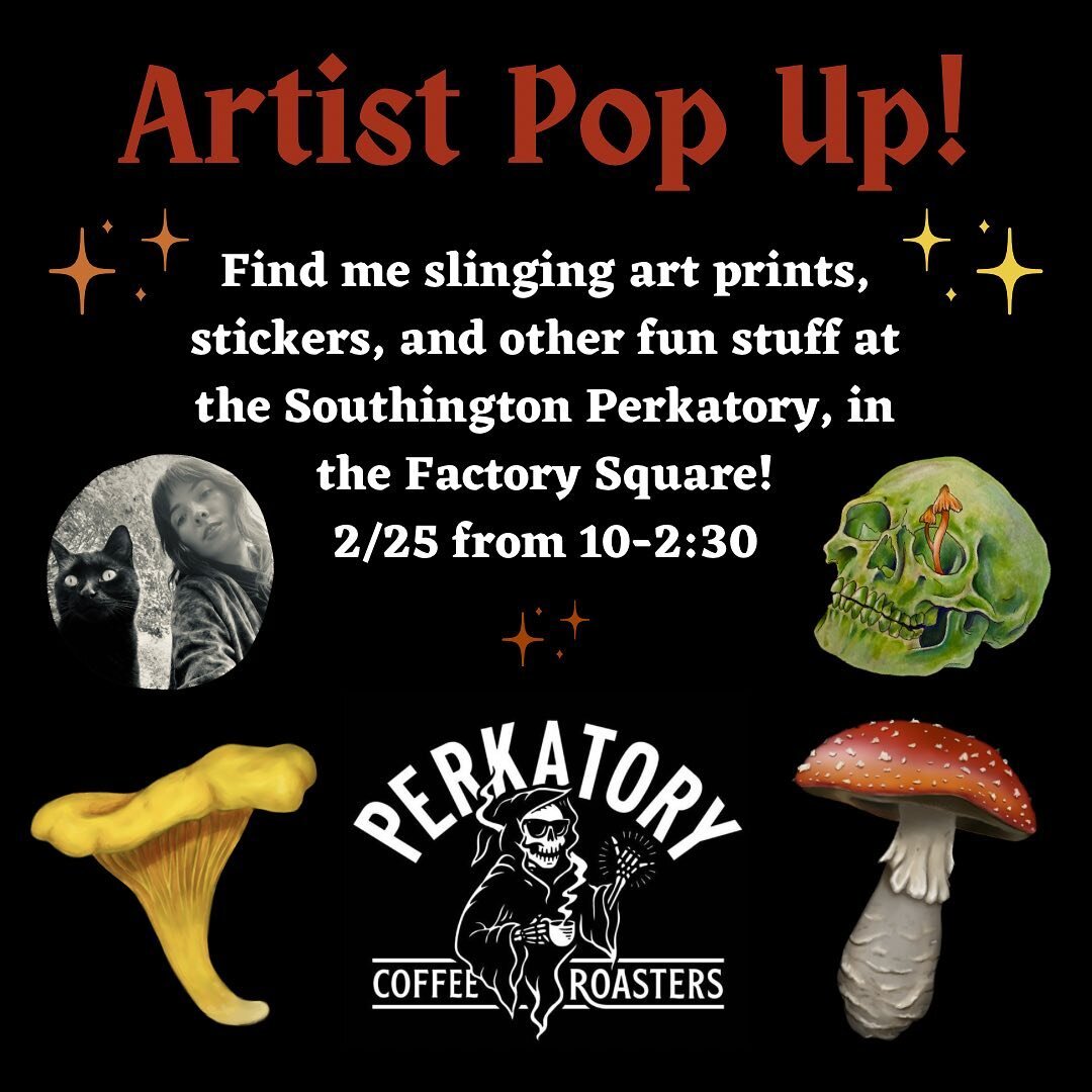 Very exciting things going down this month! Catch me at @perkatorycoffeeco on Saturday the 25th! I will be selling my art, stickers, plant offerings, and much more! 💀🎨 10-2:30 ✨💜

And after that, starting at 3pm: I will be facilitating a Death &am