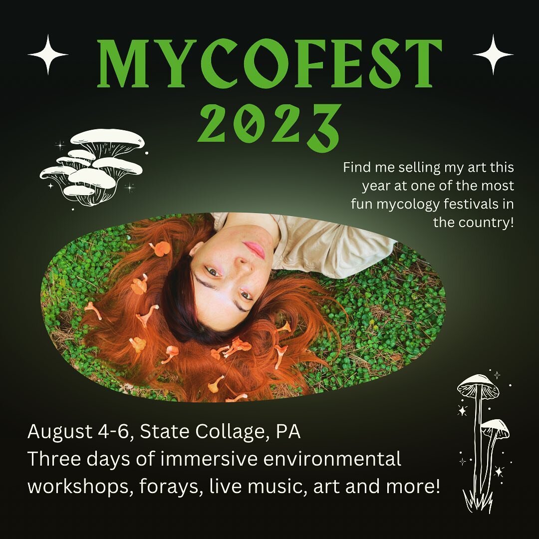 Super excited to announce that I will be selling my art and herbal products this year at @mycofest 🍄❤️✨
The 9th annual festival will be held in State College, PA, August 4-6. 
I am currently holding a 20% off sale on my website to help raise funds f