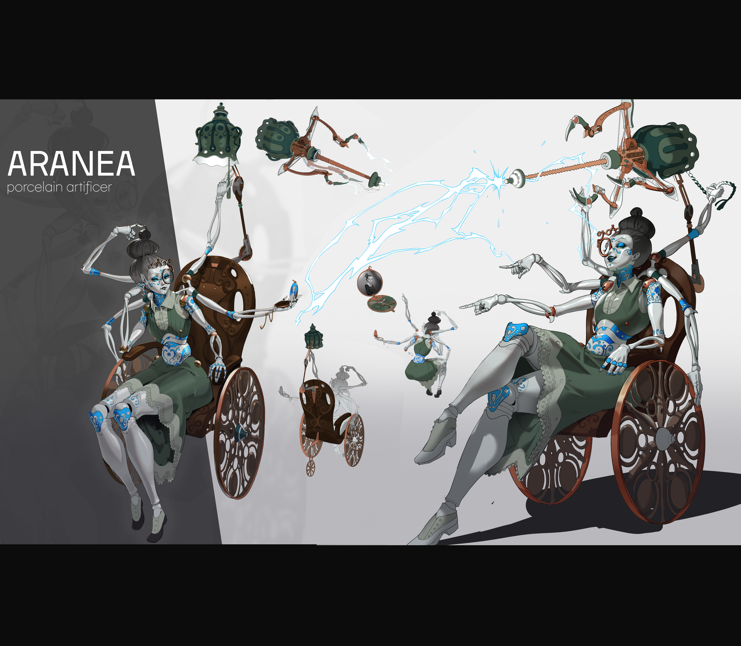 A digital illustration of two porcelain-like women sitting in vintage-style wooden chairs, connected by electrical or energy-like streams. They are depicted with mechanical or cybernetic limbs and accessories, set against a light gray background with sketches of the same women in different poses and smaller chairs surrounding them. The artwork's style is a blend of steampunk and fantasy.