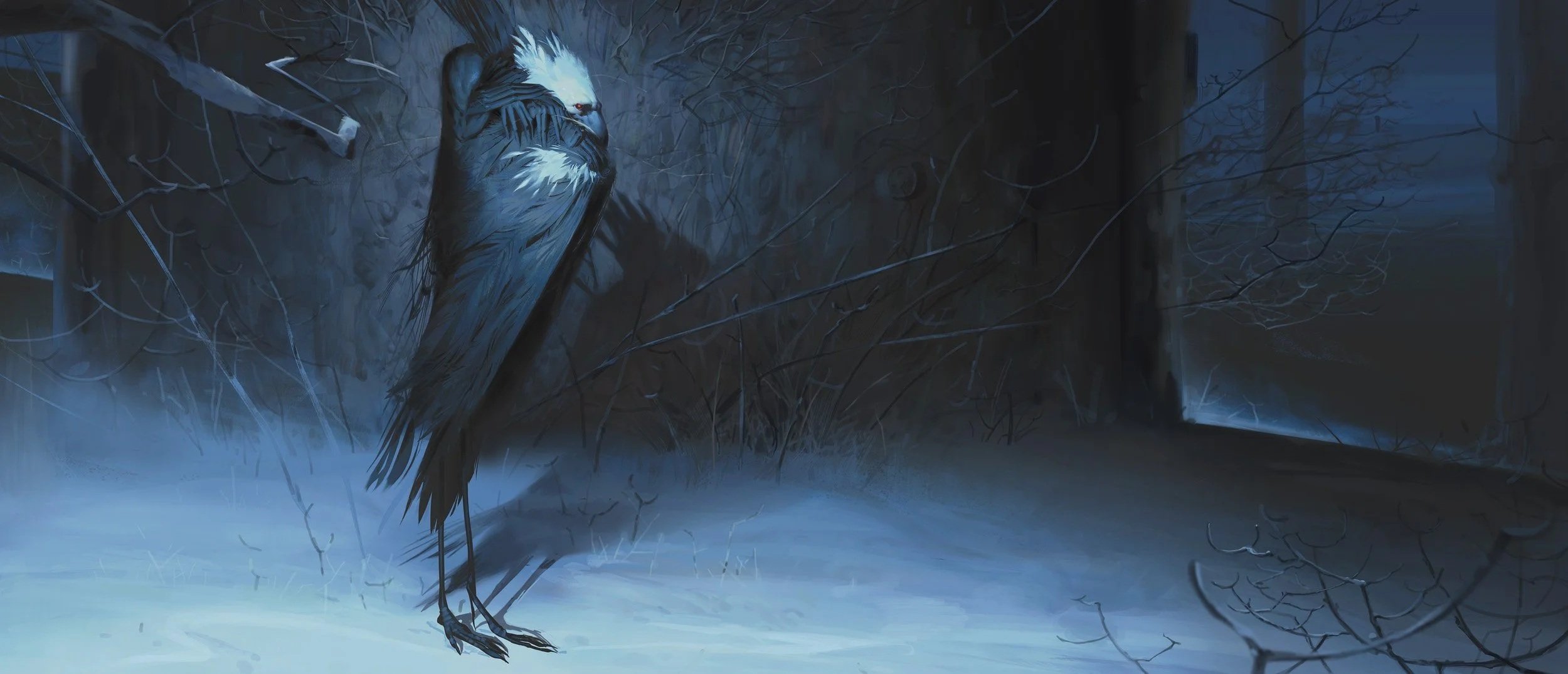 A dark, eerie scene of a bird with a large white patch over its face and black markings, standing in a snowy, leafless forest at night.