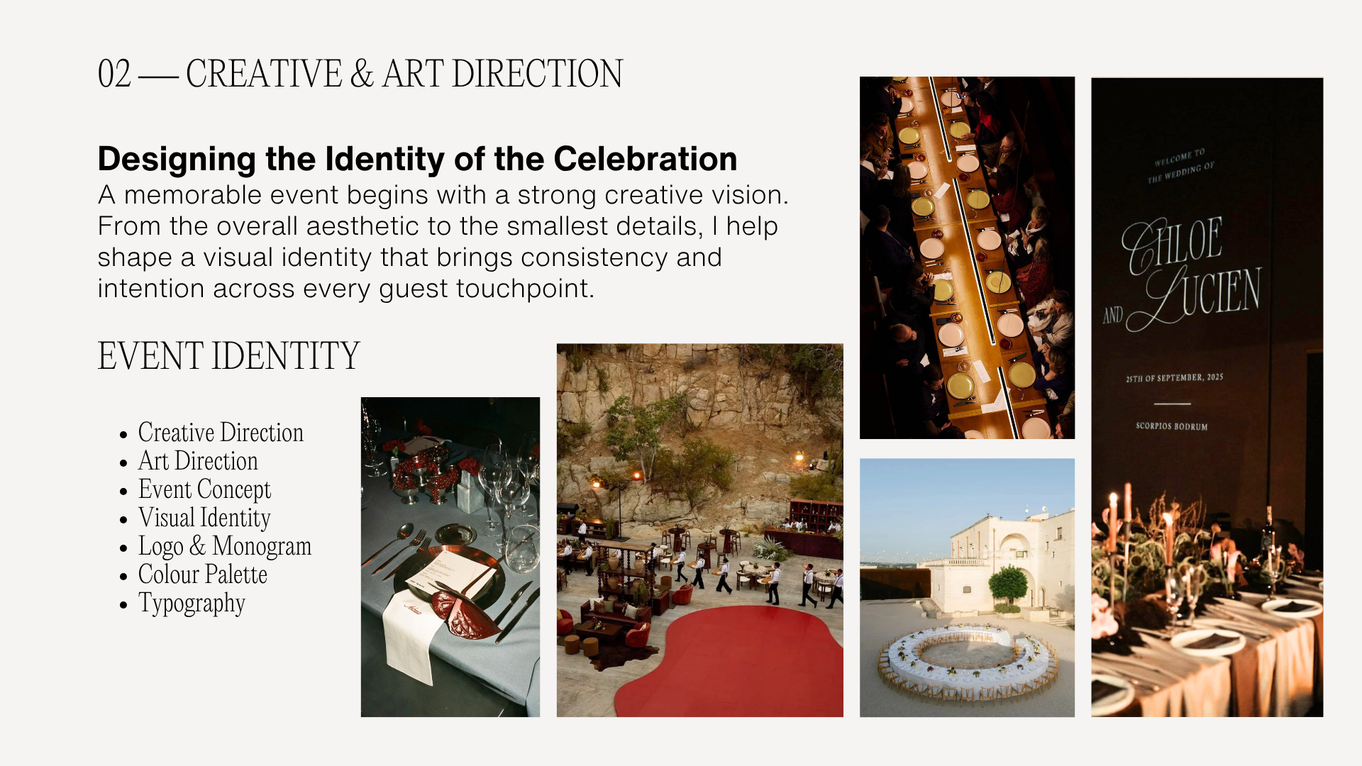 A presentation slide titled 'Designing the Identity of the Celebration' with images of event setups, including a dinner table, outdoor courtyard, and wedding sign, illustrating event concepts and themes.