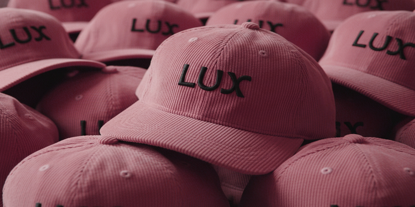 Multiple pink baseball caps with the logo for 'LUX' embroidered in black on the front, stacked closely together.