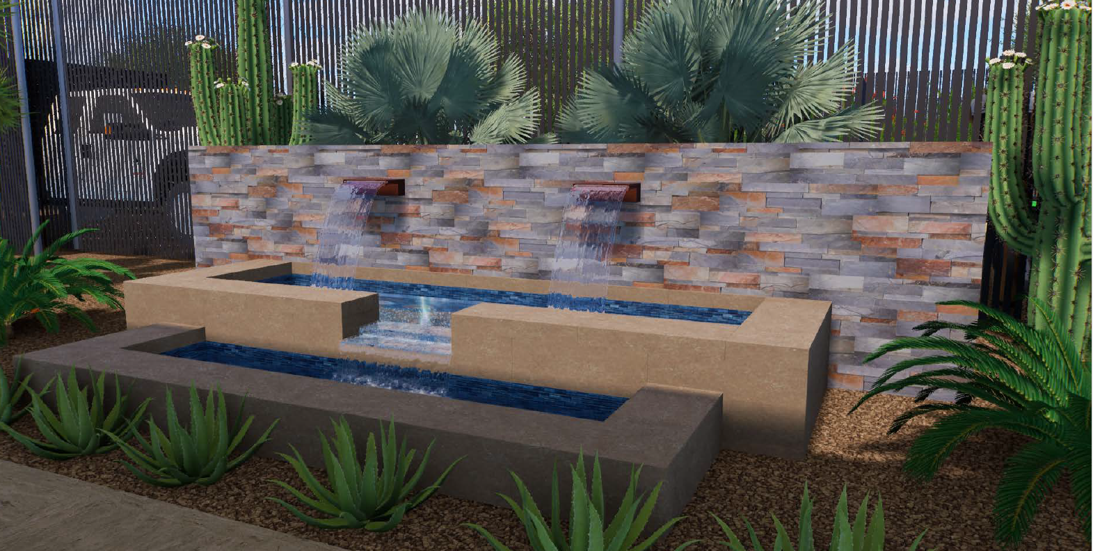 A modern backyard water feature with two cascading waterfalls over a stone wall, surrounded by various plants including cacti and succulents.