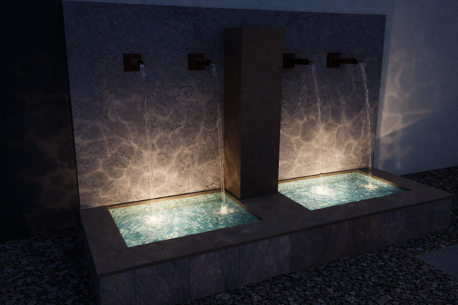 Two wall-mounted water fountains with streams pouring into rectangular basins with illuminated water, set against a textured gray wall at night.