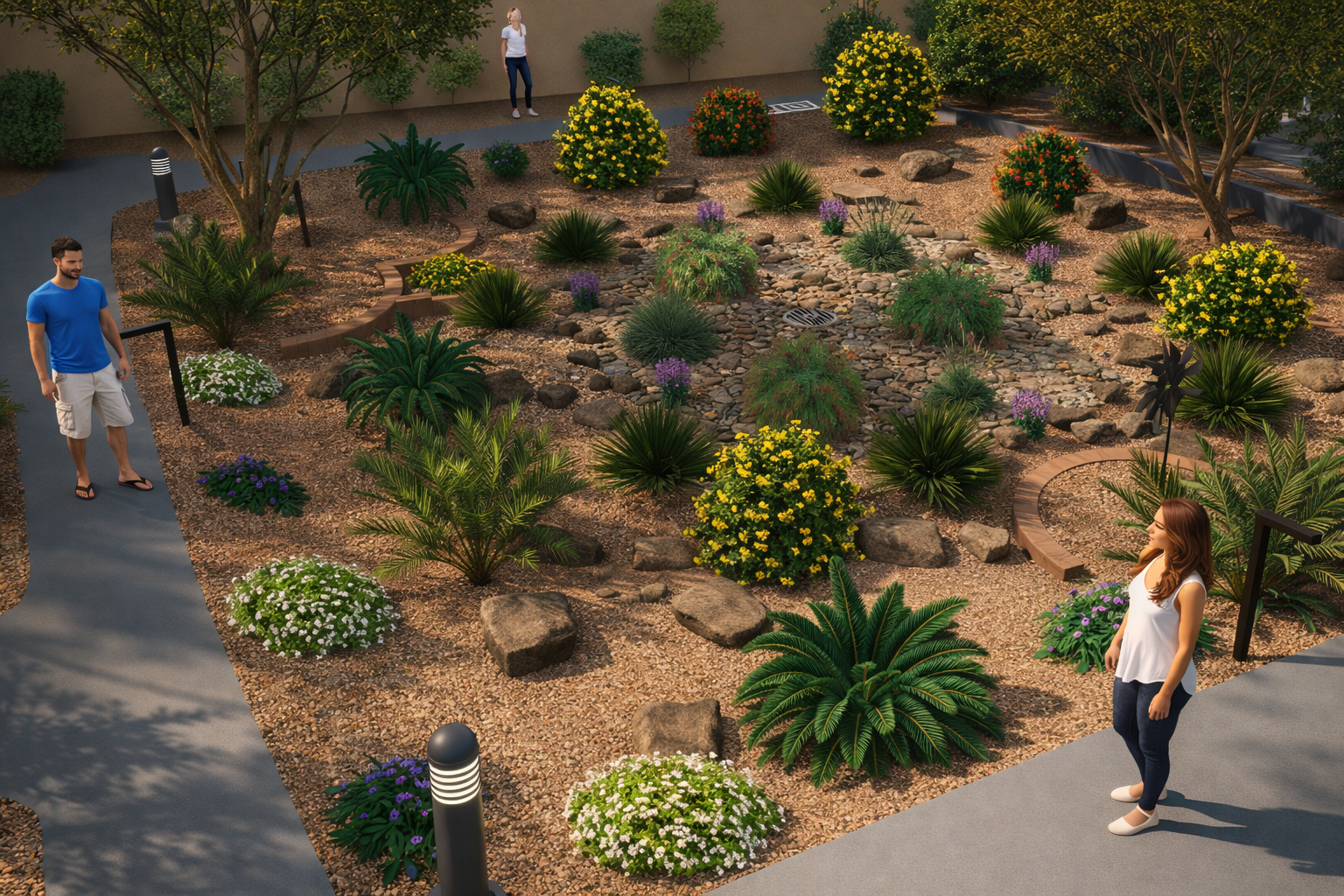 A landscaped detention basin  with various plants, flowers, rocks, and trees, surrounded by pathways and three people observing it.