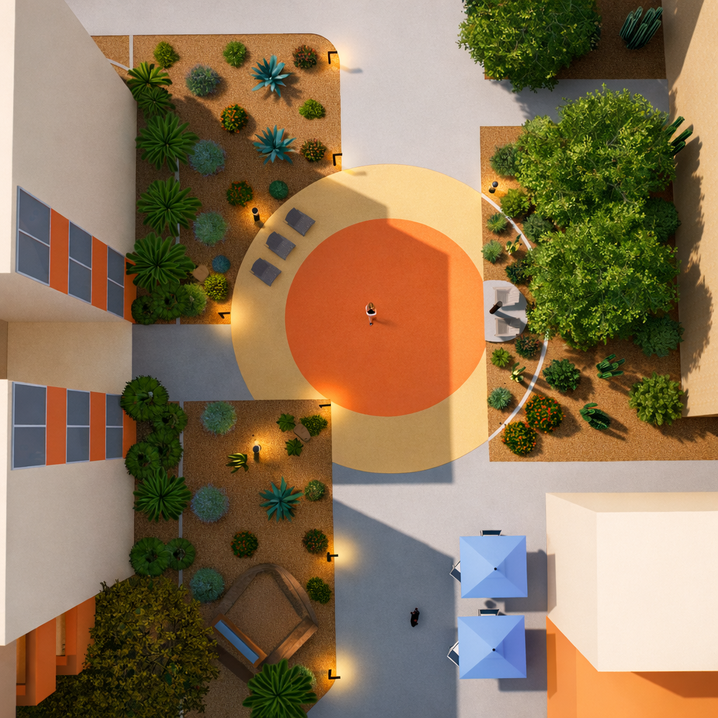 Landscape design and visualization for a healthcare facility, integrating outdoor circulation, desert landscaping, and calm, restorative exterior spaces.