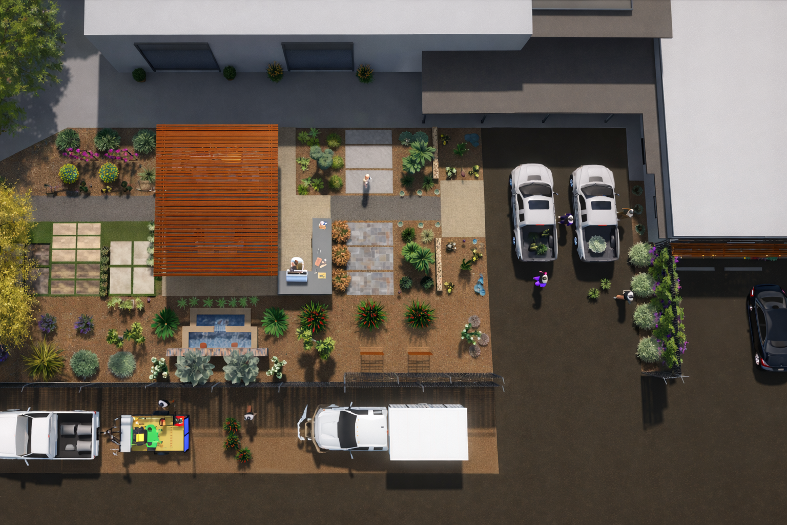 Outdoor amenity design for the Landtamers Headquarters, including a custom shade structure, water feature, desert landscaping, hardscape, and outdoor kitchen.