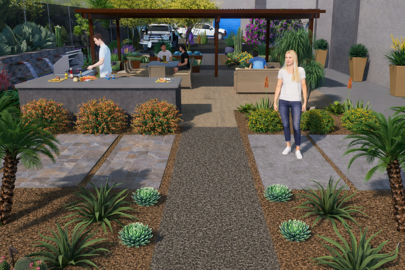 A woman walking through a landscaped outdoor patio area with a pathway leading to a dining space where people are sitting and a chef is preparing food at a bar. landtamers-headquarters-outdoor-design