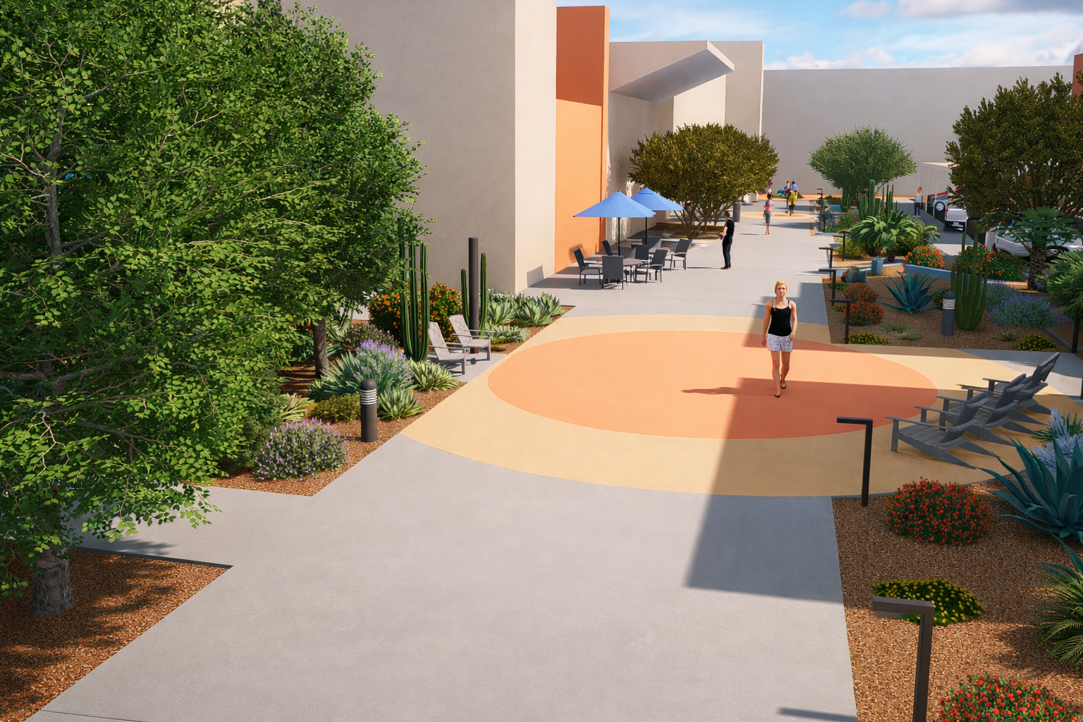 Healthcare facility landscape design emphasizing patient comfort, outdoor circulation, and low-maintenance desert environments.