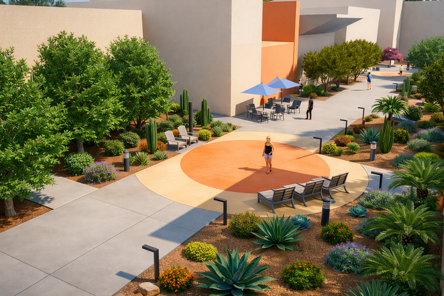 Concept landscape design for a healthcare facility focused on outdoor circulation, durability, and desert-adapted planting.