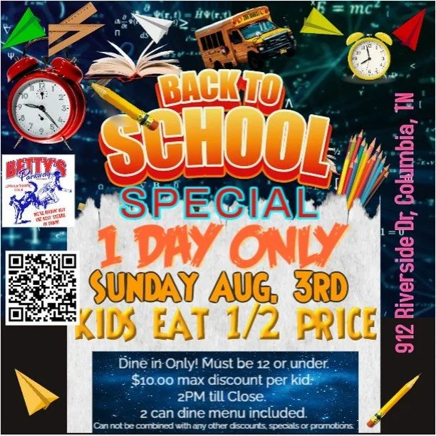 Back to school special this Sunday! Kids eat for HALF PRICE!