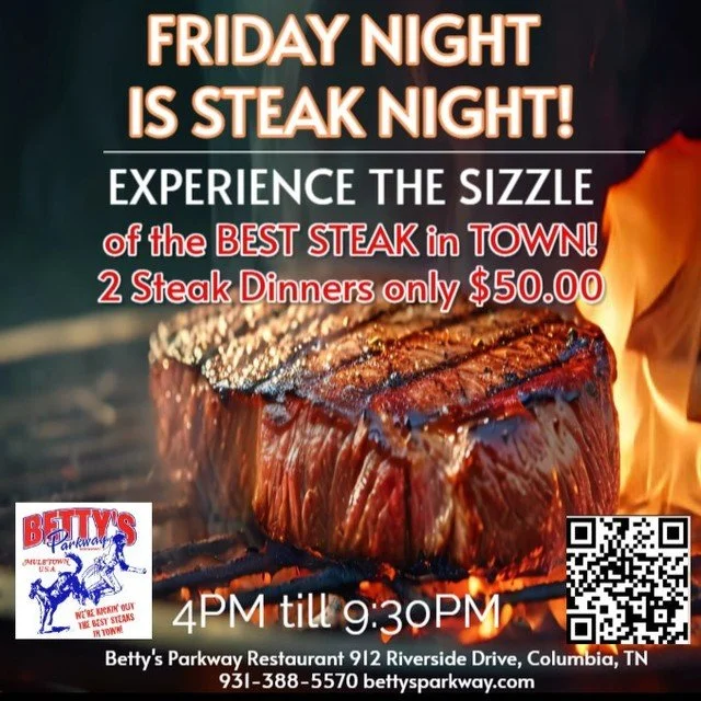 TONIGHT!
The "BEST STEAK IN TOWN" is at Betty's Parkway Restaurant!
This 𝐅𝐫𝐢𝐝𝐚𝐲 𝐍𝐢𝐠𝐡𝐭 is 2 for 30/38/50
Get 2 dinners for only $30.00/$38.00/$50.00
Choose from
12oz Ribeye Steak, Beef Tips, Hamburger Steak, Pork Chops, 10 piece