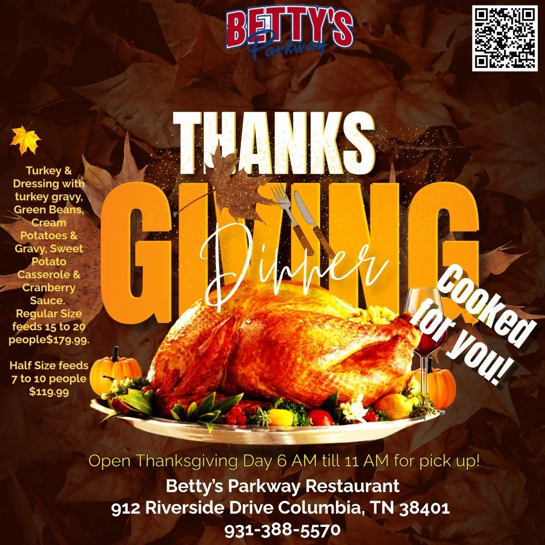 Why Cook this Thanksgiving?
Tired of slaving over a hot stove? Let us do the cooking for you!
We promise not to tell your guest.
Turkey & Dressing with turkey gravy,
Green Beans, Cream Potatoes & Gravy,
Sweet Potato Casserole & Cranber
