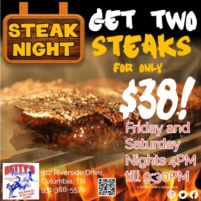 The "BEST STEAK IN TOWN" is at Betty's Parkway Restaurant!
This 𝐅𝐫𝐢𝐝𝐚𝐲 𝐍𝐢𝐠𝐡𝐭 is 2 for 30/38/55
Get 2 dinners for only $30.00/$38.00/$55.00
Choose from
12oz Ribeye Steak, Sirloin, Beef Tips, Hamburger Steak, Pork Chops, 10 piece S
