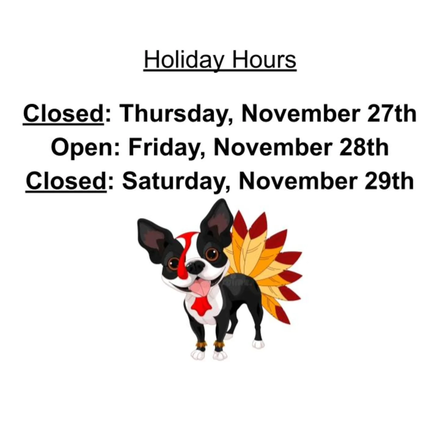 We hope everyone has a fantastic Thanksgiving Holiday! We are open today and Friday from 8am to 5pm.