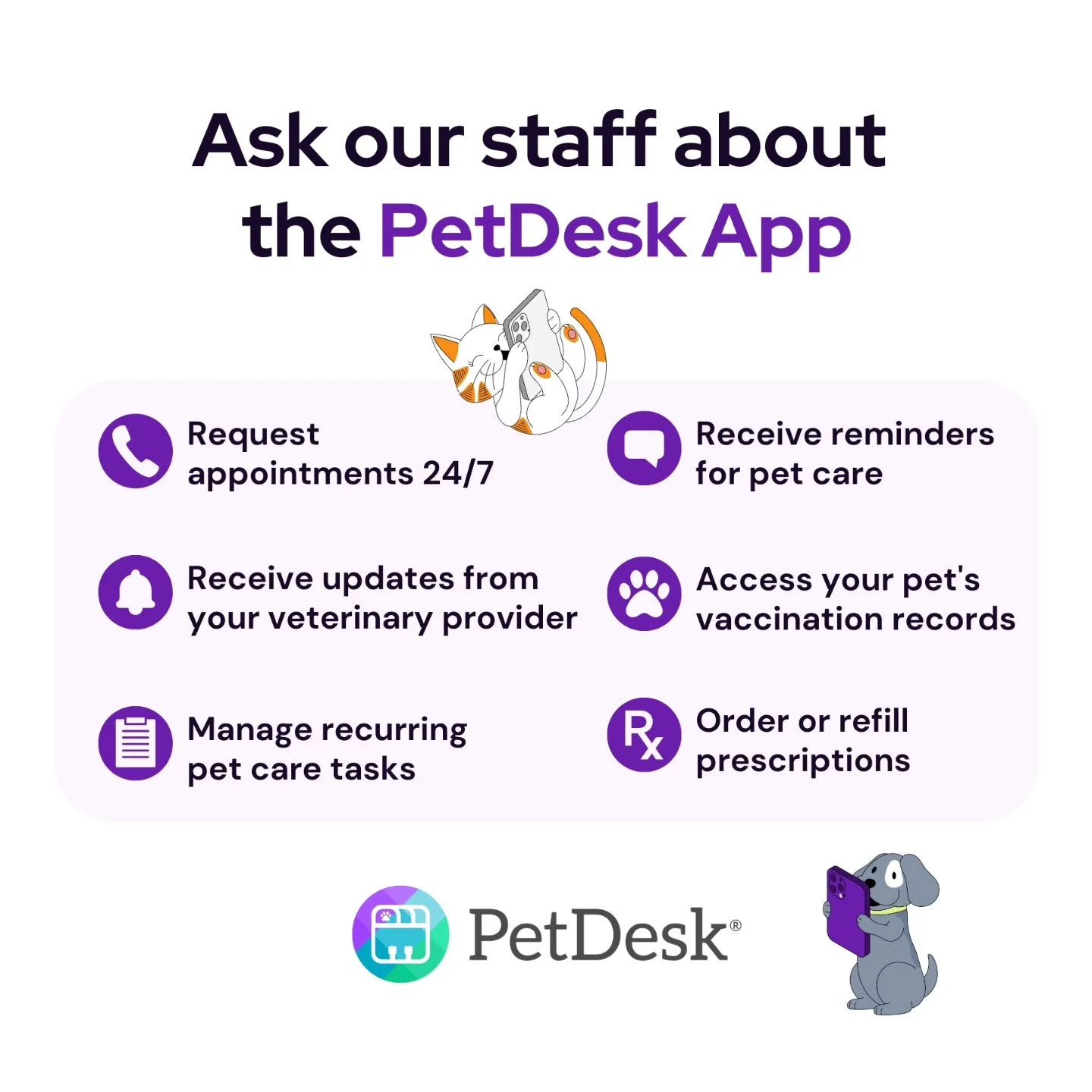 Need to request an appointment or medication refill? Have a question for us? Download the petdesk app or send us a text message!
#petdesk #woodburyanimalhospital #woodburymn