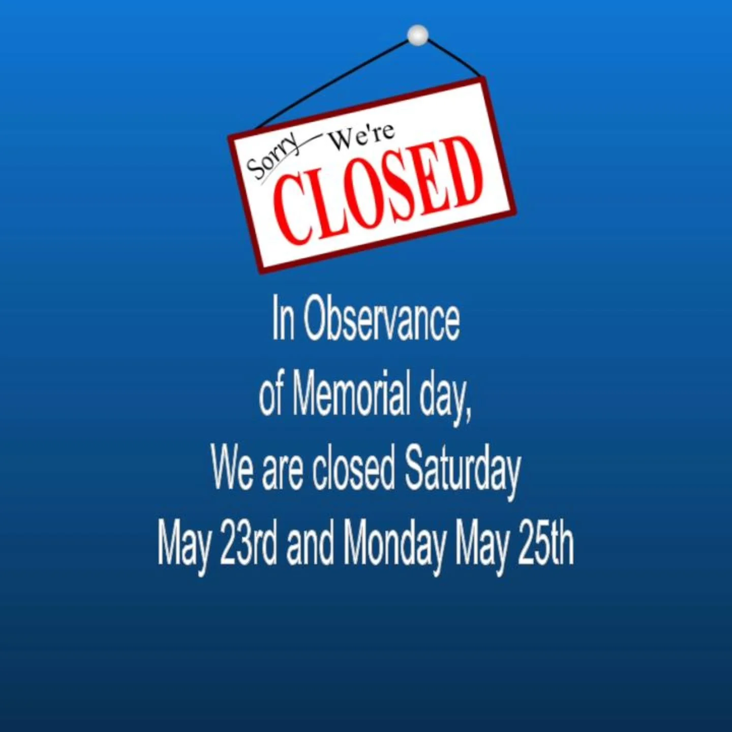 We will be closed this Saturday and next Monday in observance of Memorial Day. Make sure to pick up your pets prescriptions and food before the long weekend!