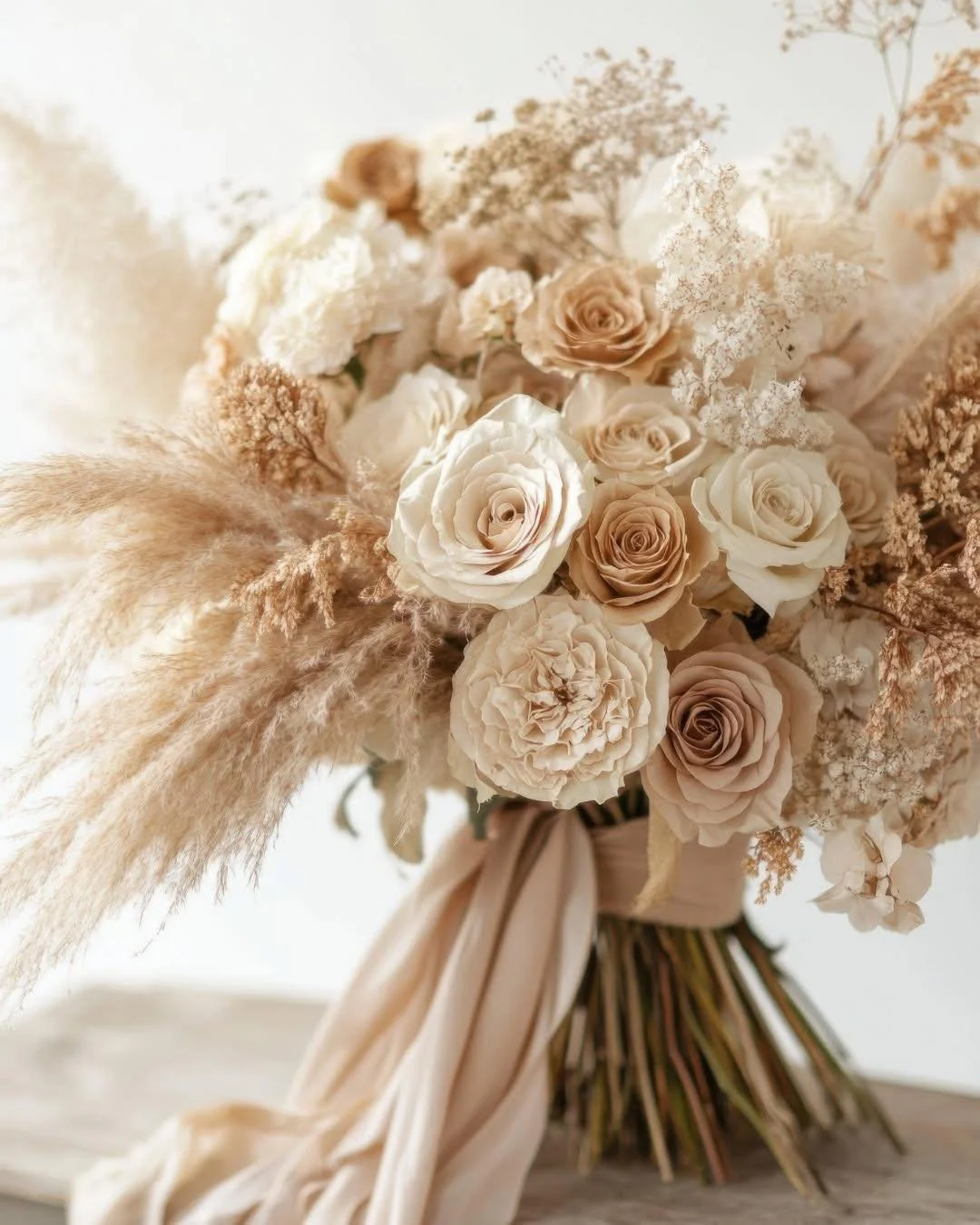 Cream and champagne roses mingle with feathery pampas grass in this textural dream. The asymmetrical design creates natural movement, while the silk ribbon adds an elegant touch.
This rustic boho wedding bouquet is perfect for brides wanting subtle s