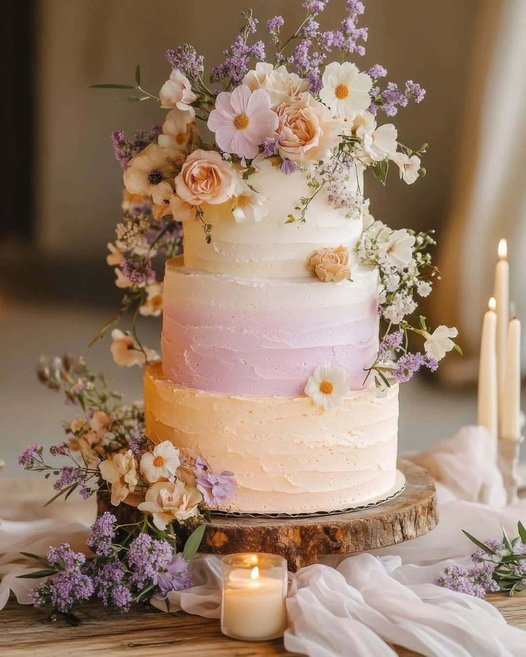 💕 A soft ombr&eacute; of peach and lilac buttercream sets the stage for a dreamy cascade of roses, cosmos, and delicate meadow blooms. The warm, romantic tones make this cake a lovely choice for sunset-lit celebrations.