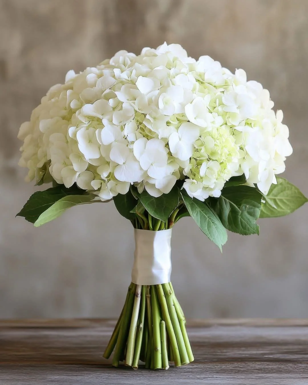 ❤️ Minimalist yet stunning, this bouquet of white hydrangeas is a timeless classic. Wrapped in a crisp white ribbon, it's perfect for the bride who loves simplicity with a touch of sophistication.