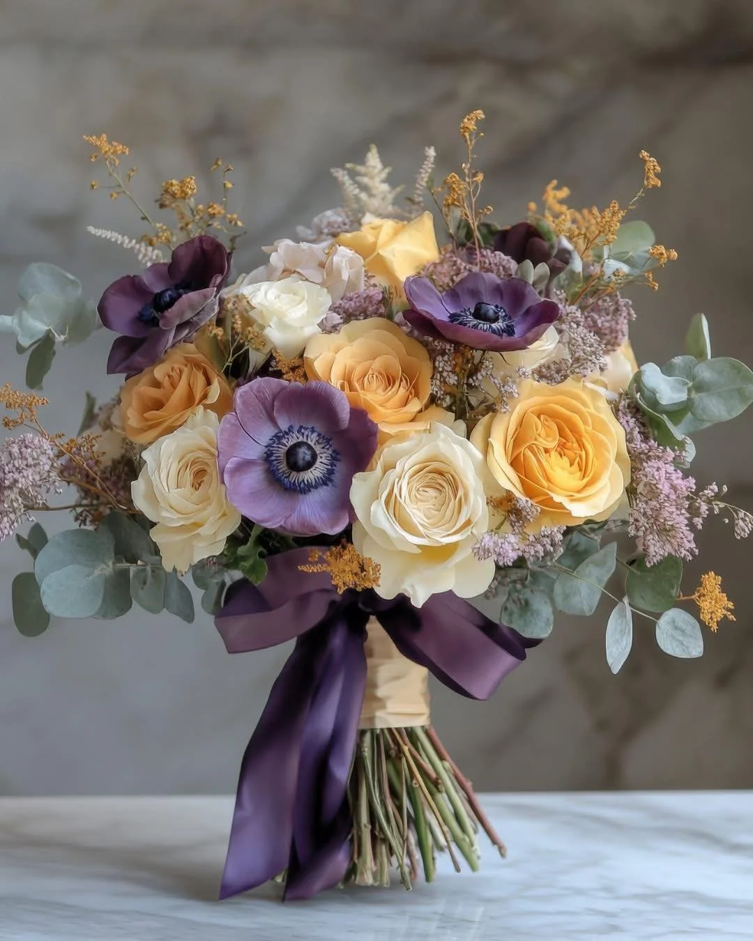 💜💛 Golden roses mingle with deep purple anemones and delicate sprigs of yellow wildflowers. The plum ribbon makes the yellow tones pop. This color combo works beautifully for fall weddings - both rich and refreshing!