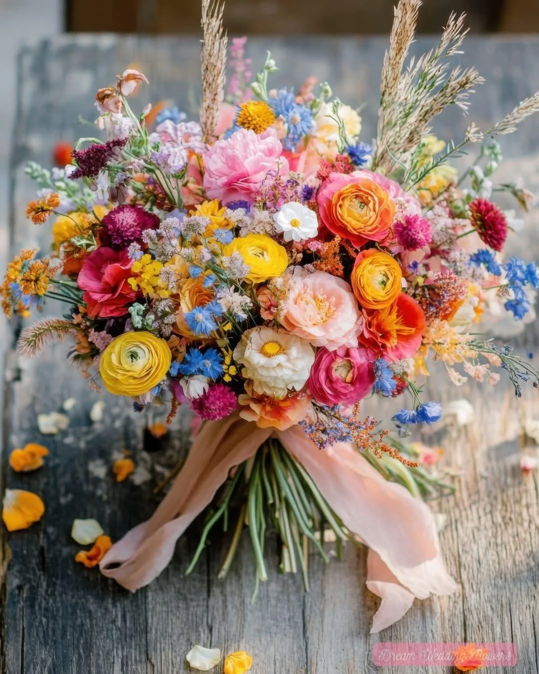 💘 An explosion of color, this wedding bouquet showcases coral and orange ranunculus, bright blue accents, and textural wheat sprigs. The loose, playful arrangement is ideal for free-spirited couples who want their florals to echo their lively person