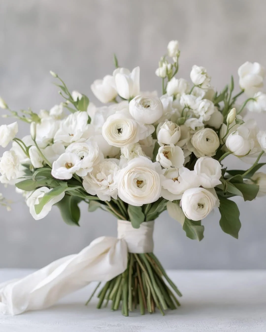 😍 Ranunculus and tulips gather tightly here, but nothing feels forced. Crisp whites, soft greens, and a simple knot of ribbon-this bouquet is elegant without the fuss. Think city hall chic or an intimate garden ceremony.