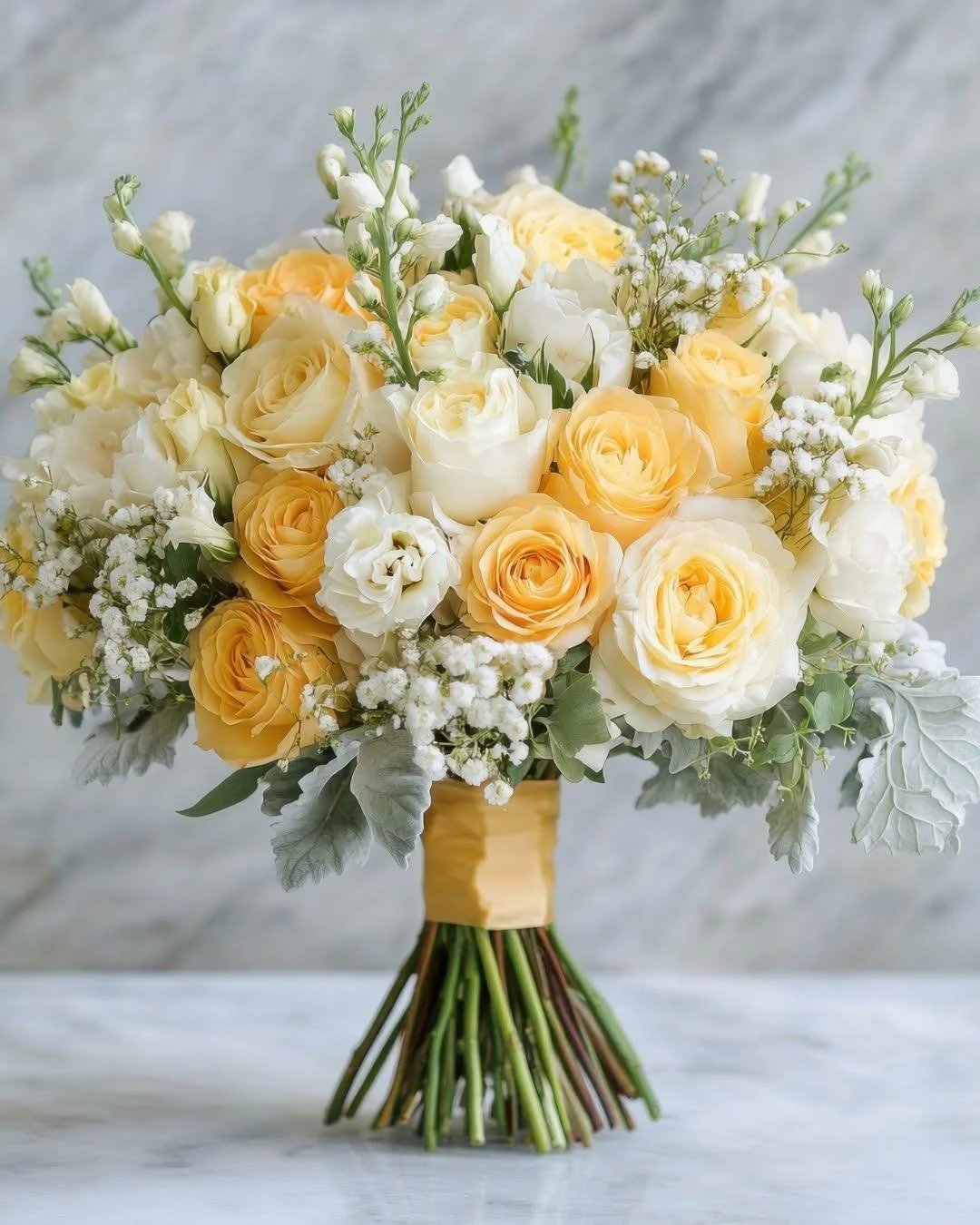 💛 This bridal bouquet is timelessly elegant, blending creamy ivory and soft golden roses. Baby's breath and dusty miller leaves add a light, airy touch, while the structured design keeps it polished. It is a flawless choice for a classic, romantic w