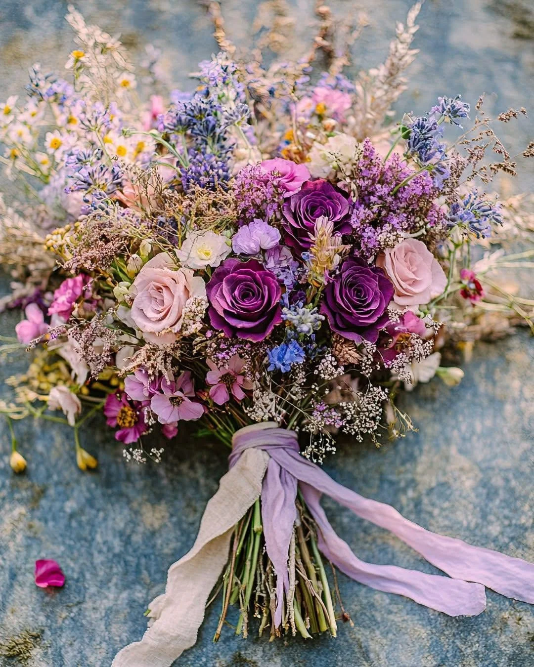 💜 This bouquet is pure romance with its mix of vibrant wildflowers, lavender-hued roses, and playful blue accents. The soft lilac ribbon adds an airy, whimsical touch that's perfect for an outdoor celebration. It feels like something plucked fresh f