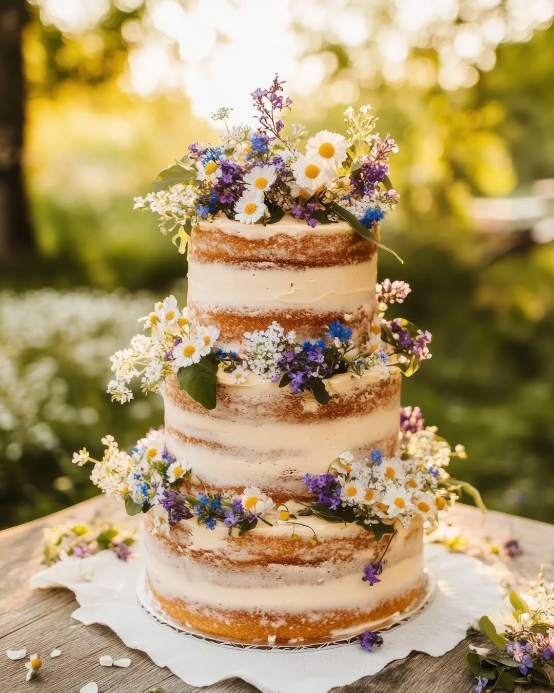 😍 This wedding cake feels straight out of a countryside celebration.
Chamomile, forget-me-nots, and violet blooms nestle between the layers, creating a wildflower bouquet effect. It is a perfect pick for an outdoor wedding where nature takes center 