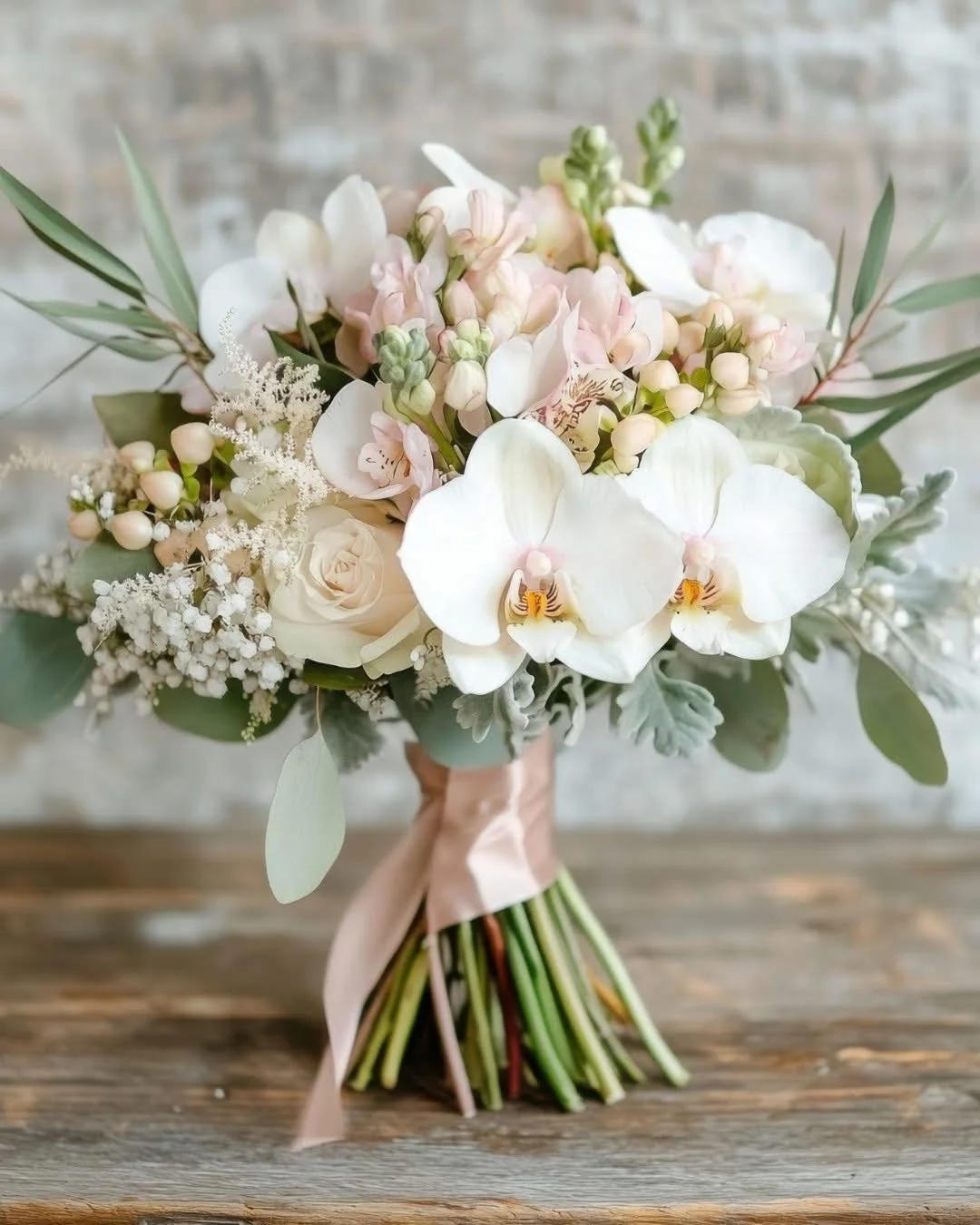 💕 A white orchid wedding bouquet that whispers elegance. White orchids take center stage, softened by delicate blush blooms, creamy roses, and subtle sprays of baby's breath. A hint of eucalyptus adds a fresh contrast, while the blush ribbon keeps i