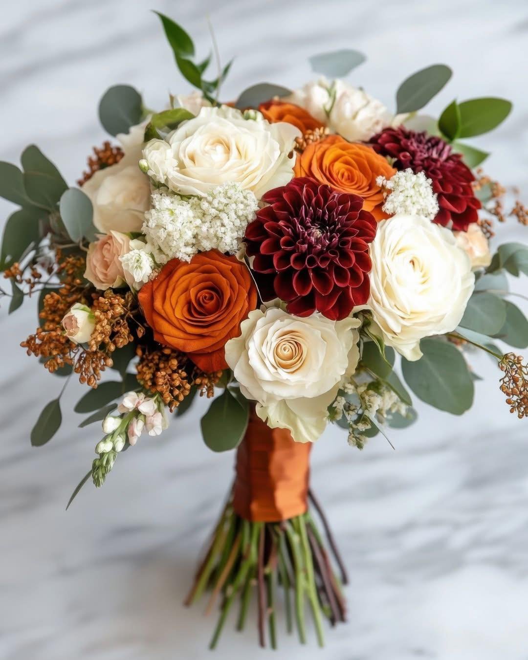 😍 In this show-stopping arrangement, orange roses pair beautifully with burgundy dahlias and crisp white blooms. The eucalyptus adds a fresh touch, while the orange ribbon wrap ties it all together. It's perfect for fall weddings where you want a po