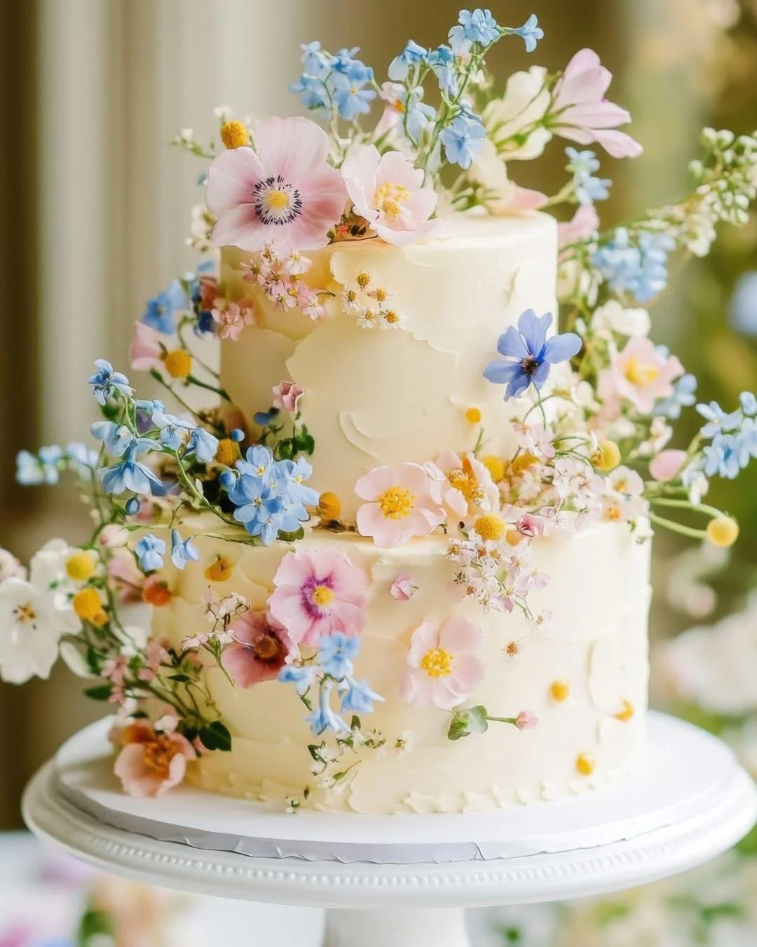 😍 Delicate cosmos, baby&rsquo;s breath, and golden billy buttons weave through creamy buttercream, creating a natural floral cascade. The organic, hand-textured finish makes this a stunning choice for couples who want their cake to feel as effortles