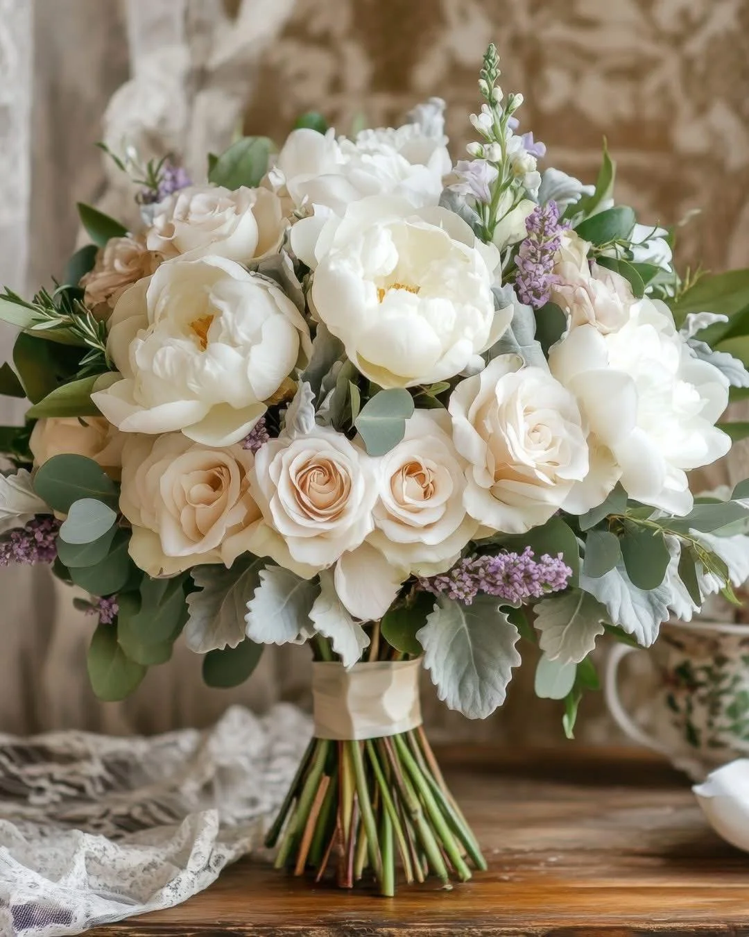 💗 Here&rsquo;s a nod to classic garden style with white peonies joining gardenias and blush roses. Dusty Miller adds a soft texture, while sprigs of lavender bring a subtle pop of color. This bouquet feels right at home in any garden party setting.