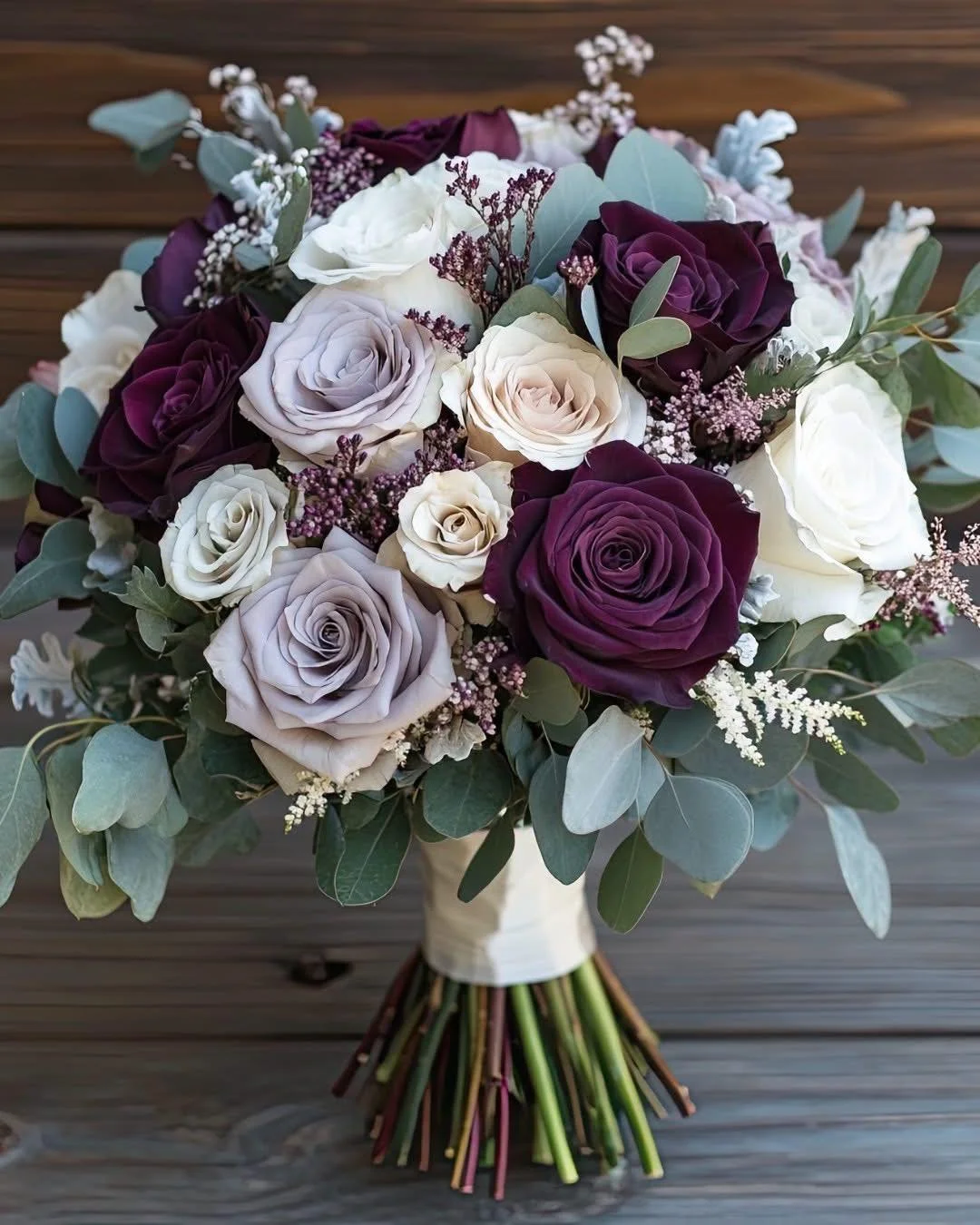 💜 When tradition meets a pop of drama, you get this stunning arrangement. Ivory and lavender roses anchor the bouquet, while deep aubergine roses add depth and a modern edge. It's the perfect choice for brides who love tradition but want to keep thi